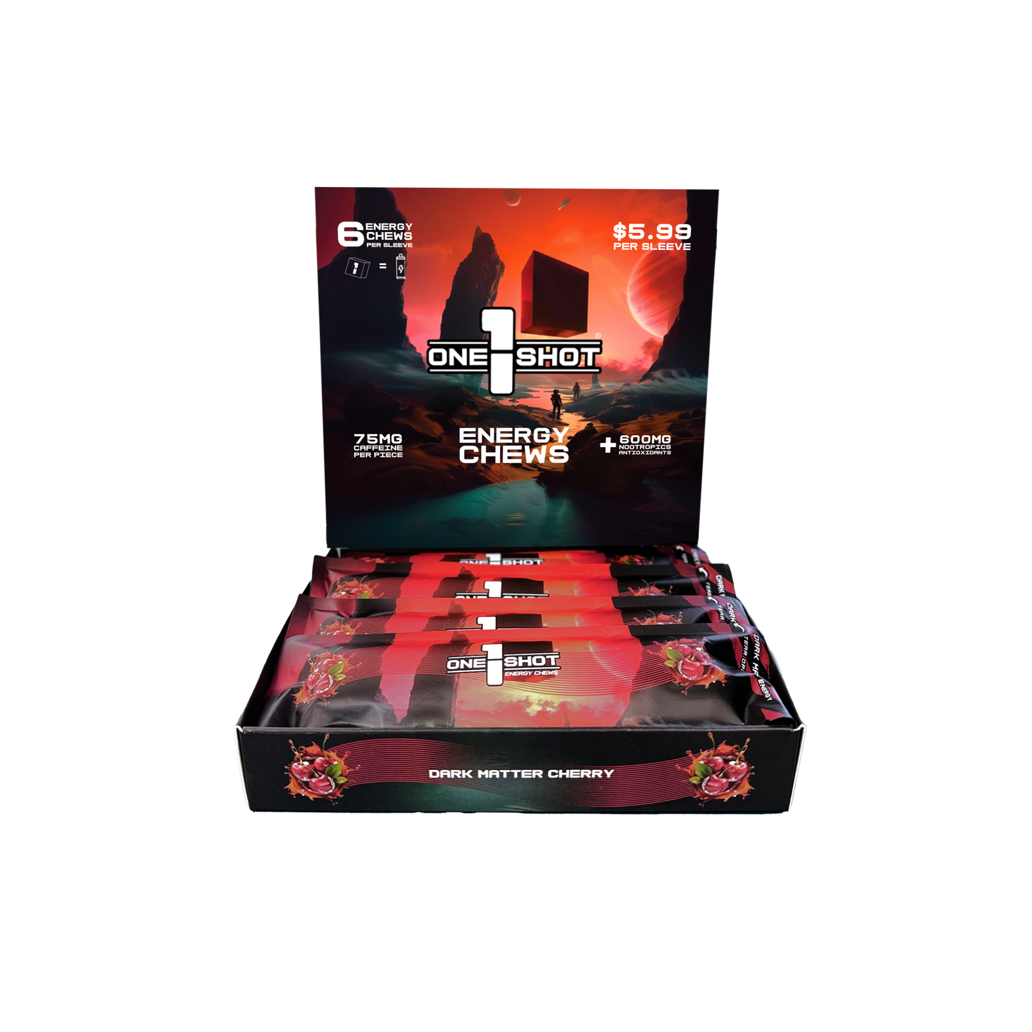 1 Shot® Dark Matter Cherry Energy Chews – Retail Display Box (8 Sellable Sleeves) - 10 Boxes/Case