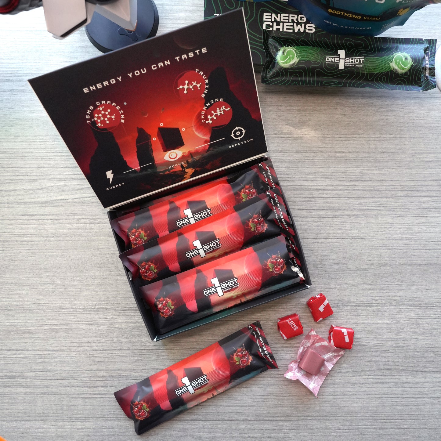 1 Shot® Dark Matter Cherry Energy Chews – Retail Display Box (8 Sellable Sleeves) - 10 Boxes/Case